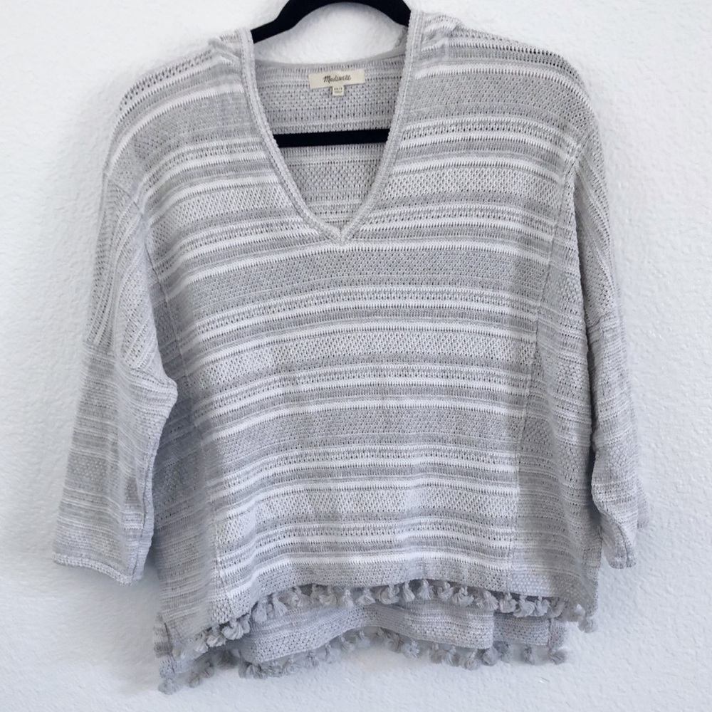 Madewell | gray fringe hooded knit sweater